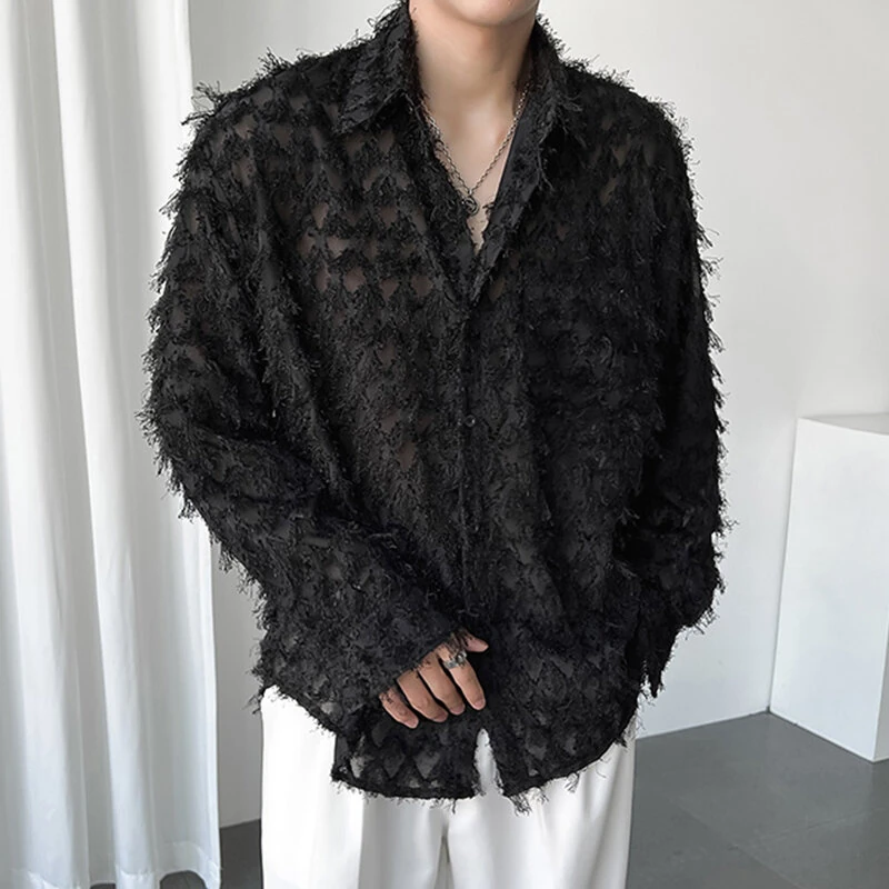 INCERUN Mens Fringe See Through Long Sleeve Shirt Fashion Pactwork Thin Spliced Tulle Lapel Blouse Loose Fit for Men S-5XL (image for) INCERUN Mens Fringe See Through Long Sleeve Shirt Fashion Pactwork Thin Spliced Tulle Lapel Blouse Loose Fit for Men S-5XL