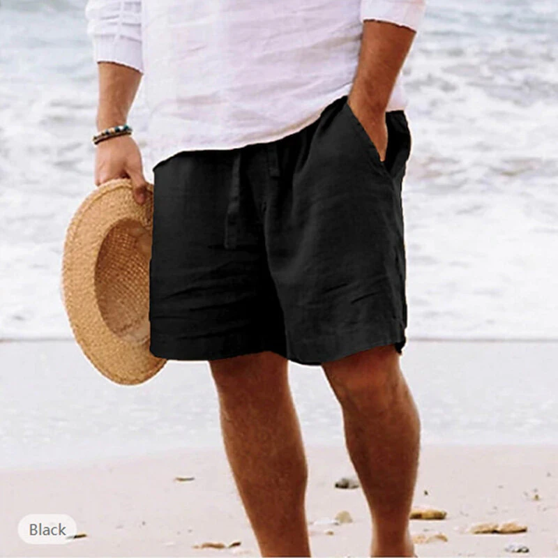 Men's Summer Cotton Linen Shorts Breathable Solid Black Drawstring Plus Size Beach Shorts Lightweight Casual Short Pants for Men Comfortable (image for) Men's Summer Cotton Linen Shorts Breathable Solid Black Drawstring Plus Size Beach Shorts Lightweight Casual Short Pants for Men Comfortable